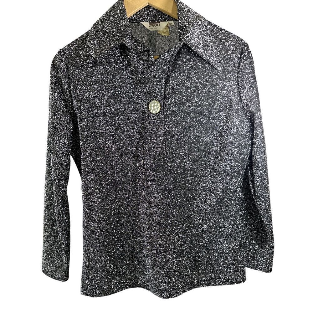 MONTGOMERY WARD Women's Vintage Metallic Collared Long Sleeve Top Black Size 34